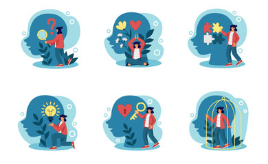 Fototapeta premium Mental health. Positive psychology mind. Stress or sick emotions. Self care or meditation. Woman and human big head. Wellness and balance. Vector cartoon tidy psychotherapy concepts set