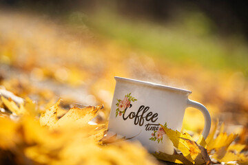 Cup with steaming coffee and bright autumn leaves in sunlight