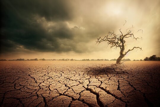 paysage de s&eacute;cheresse, d&eacute;sert vide de sable au sol craquel&eacute; avec un arbre mort