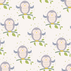 Seamless cartoon pattern with cute purple owl doodle