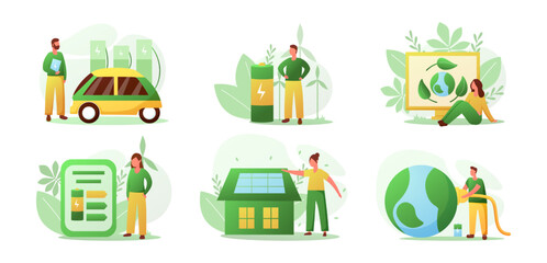 Sustainable home. Eco friendly car. Green planet. Ecology conservation technologies concepts set. Electric charging. Renewable energy. House environment. Vector illustration infographic