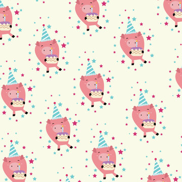 Seamless cartoon pattern with cute birthday pink pig doodle