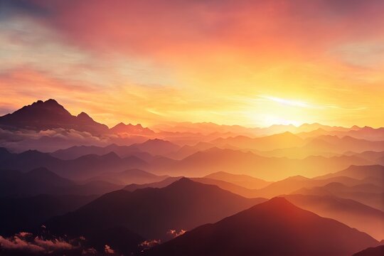paysage de montagnes avec soleil couchant