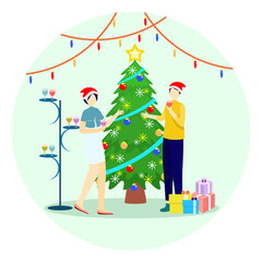 Two people namely a woman and a man are celebrating Christmas with a glass of sweet drink. Christmas tree decoration with colorful lights. Gift exchange.