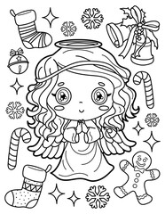 Christmas angel. Christmas and New Year. Coloring book for children. Black and white vector illustration.