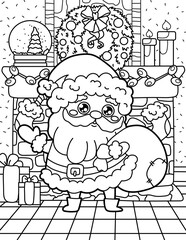 Santa claus with a bag of gifts in the living room. Christmas and New Year. Coloring book for children. Black and white vector illustration.