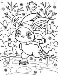 A cute rabbit in a scarf is skating. Christmas and New Year. Coloring book for children. Black and white vector illustration.