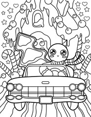 Gingerbread in the car. Sweet house. Christmas and New Year. Coloring book for children. Black and white vector illustration.
