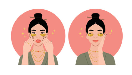 Asian woman takes care of her face using golden eye patches. Anti-aging cosmetic procedure.Flat cartoon vector morning skincare routine set. Portrait of a modern lady with traditional Asian hairsyle.  - 547435711