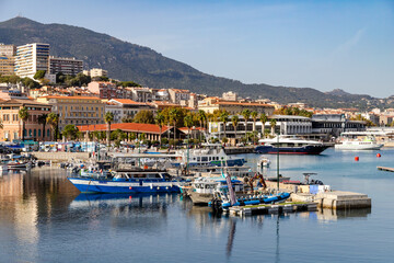 Fototapeta na wymiar Ajaccio, France -October 26, the port with promenade of Ajaccio on Corsica island