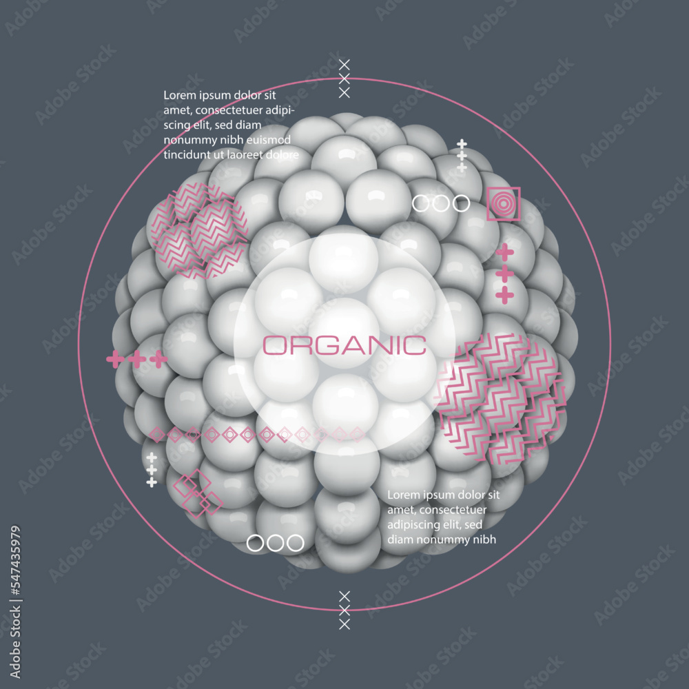 Poster 3d white spheres. molecule particle. micro medical object. organic bubbles. atomic structure. chemic