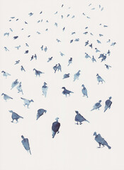 Small bird silhouettes in perspective on white watercolor background
