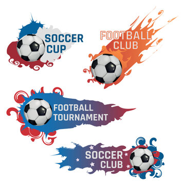Soccer logo. Football teams tournament. Champion goal. League label cup. Sport match. Stadium for championship. Game competition. Ball with color paint tails. Vector illustration icons set