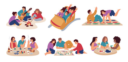 Friends home party. People leisure. Holiday gathering. Weekend characters drink alcohol and play gambling. Outdoors picnic. Twister and table game. Fun activities set. Vector illustration