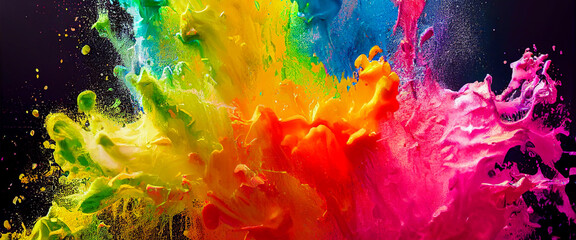 panorama  Exploding liquid paint in rainbow colors with splashes, Generative AI Illustration - obrazy, fototapety, plakaty