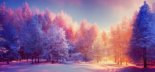 Panorama Magical winter landscape with colorful trees and snow, Generative AI Illustration