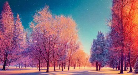 Fototapeta premium Magical winter landscape with trees and snow