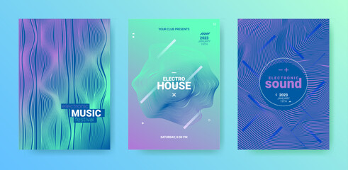 Edm Party Flyer Set. Techno Music Dance Cover. Electro Sound Banner. Abstract Dj Background. Vector Edm Poster. Minimal Fest Illustration. Gradient Wave Round. Geometric Edm Poster.