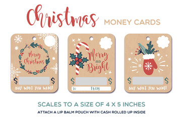 Merry Christmas, Merry and bright greeting cards. Christmas gift card, money card template.