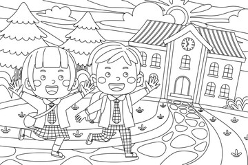 Fototapeta na wymiar Vector outline illustration of cute back to school for coloring book