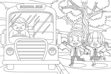 Vector outline illustration of cute back to school for coloring book