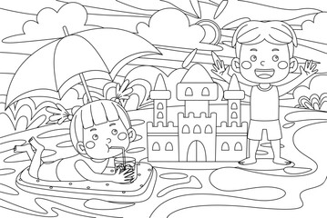 Fototapeta na wymiar Vector outline illustration of cute kids holiday for coloring book