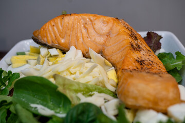Air Fried Salmon on a Bed of Spinach and Red Leaf Lettuce