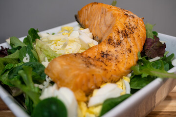 Air Fried Salmon on a Bed of Spinach and Red Leaf Lettuce