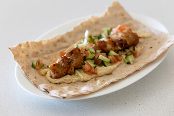 Lavash Bread with Grilled Chicken Shish Kebab and Hummus