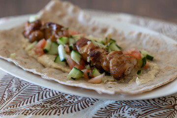Lavash Bread with Grilled Chicken Shish Kebab and Hummus