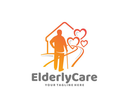 Elderly care home logo design. Senior man in nursing home vector design. Retirement home logotype
