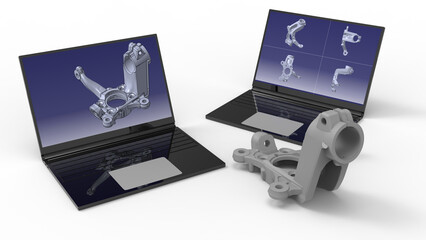 3D rendering - mechanical engineering design a car component concept on a laptop