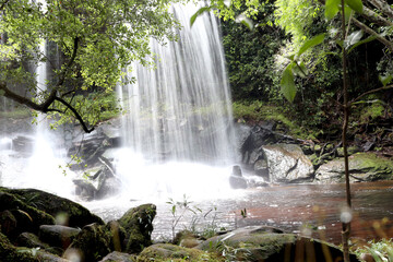 Beautiful Tham Sor Nuo Waterfall in rainforest on rainy season, famous nature rainforest background, Phu Kradueng, Loei, Thailand.