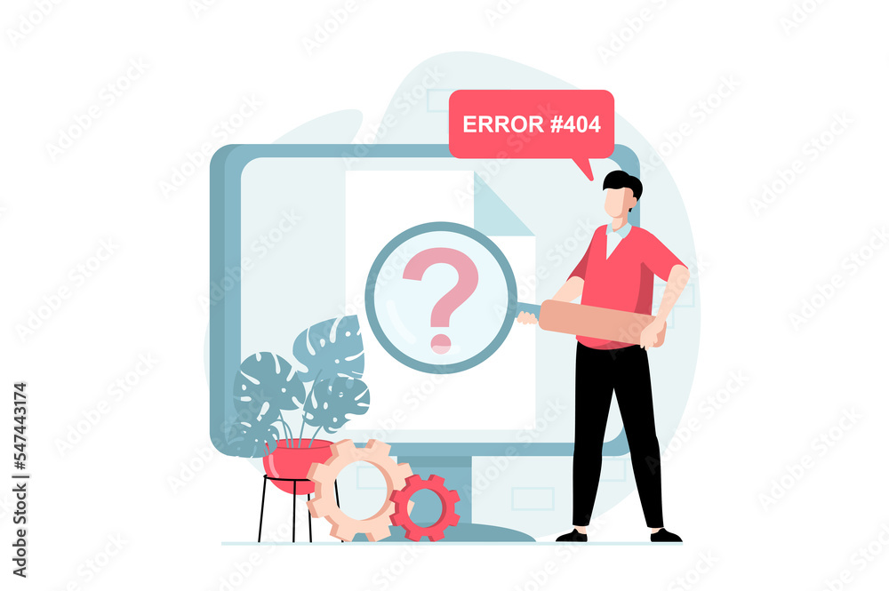 Poster Page not found concept with people scene in flat design. Man with magnifier looks for cause of connection problem and fixes errors in server. Illustration with character situation for web