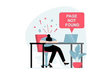 Page not found concept with people scene in flat design. Frustrated woman is angry and cannot access site due to errors server and fail connection. Illustration with character situation for web
