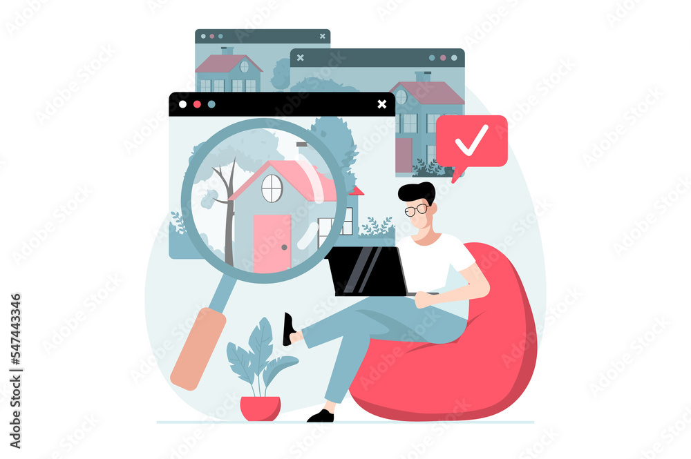 Poster real estate concept with people scene in flat design. man with magnifier studies options for houses 