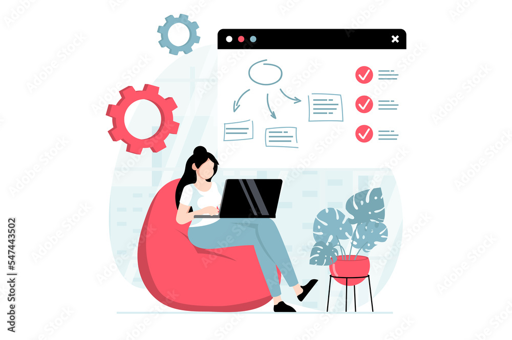 Poster saas concept with people scene in flat design. woman buys software as a service and uses cloud techn