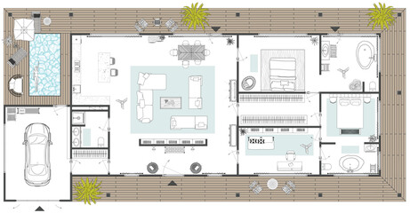 Floor plan with furniture in top view. Architectural set of furniture thin line icons. Detailed layout of the modern apartment. Vector blueprint. - 547443543