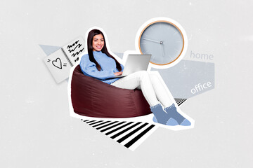 Creative collage illustration of young cheerful girl sit bag use netbook isolated on painted interior background