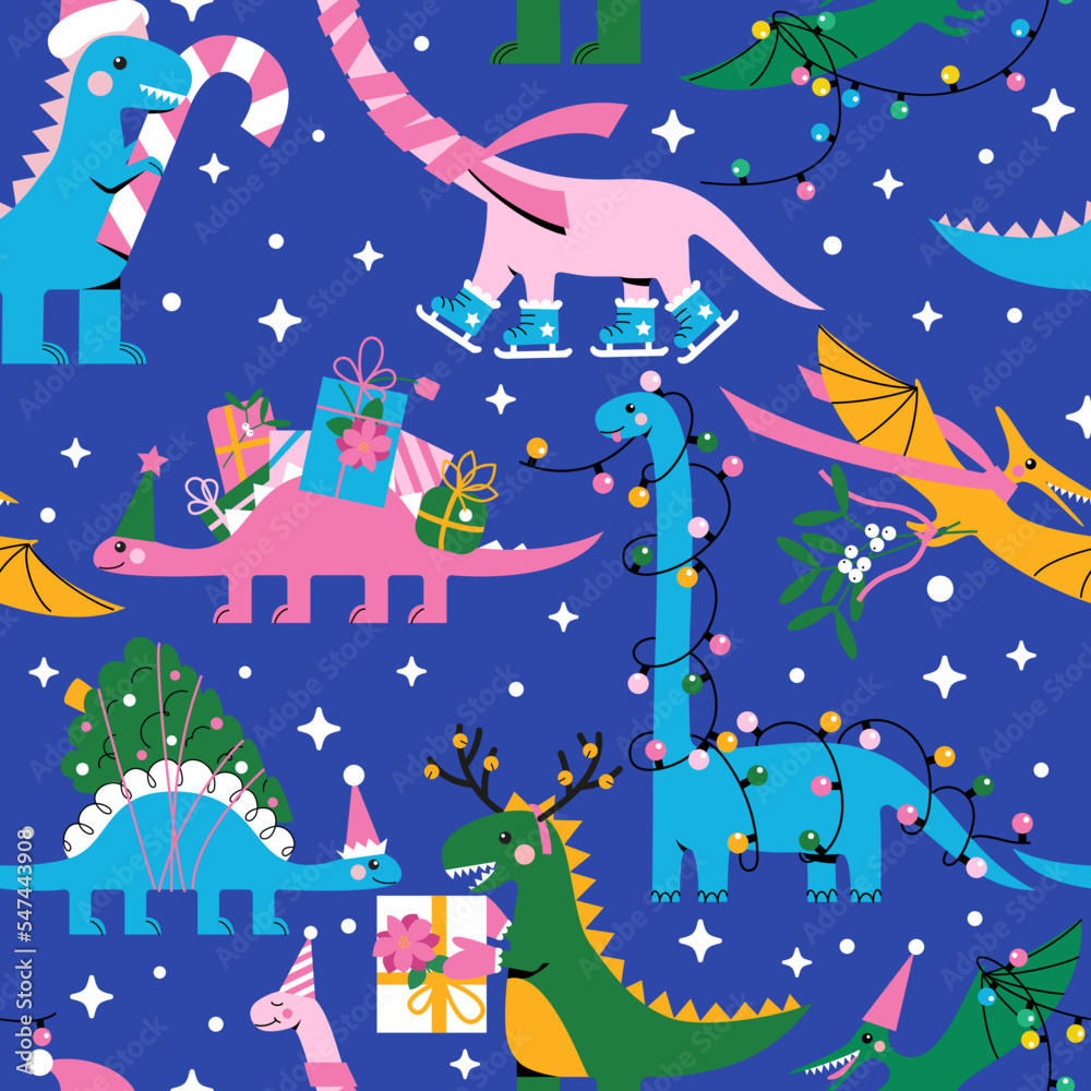 Wall mural funny cartoon dinosaurs christmas pattern. abstract geometric holiday background. hand drawn modern 