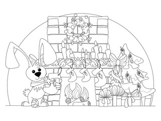 Rabbit and fire place coloring page. Isolated on white background.