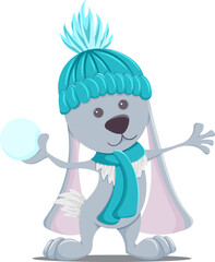 rabbit and snow ball. Flat illustration. Isolated on white background.