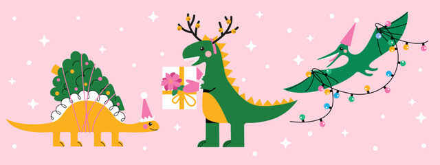 Funny cartoon dinosaurs with gift, Christmas lights and tree on pink background. Abstract geometric Holiday Dino horizontal banner. Hand drawn modern style vector illustration