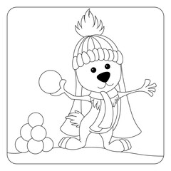 Rabbit with snow balls coloring page. Isolated on white background.