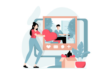Social network concept with people scene in flat design. Woman likes and writing comment to posting photo of friend or blogger in news feed. Illustration with character situation for web