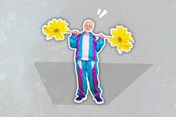 Creative collage picture of aged person lifting barbell flowers wear sport suit isolated on gray...