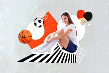 Creative retro 3d magazine image of happy smiling woman enjoying sports variety isolated painting background