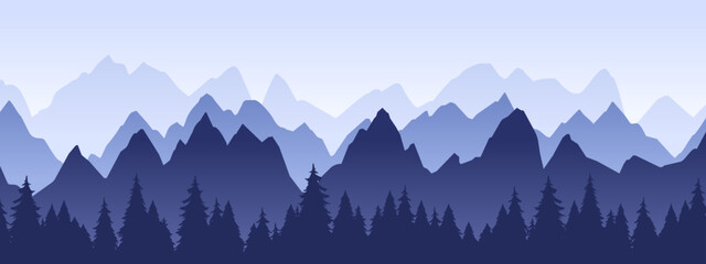 Mountain landscape, outdoor nature rocks view. Expedition or hiking mountain snowy peaks, fog mountain scene flat vector background illustration. Outdoor nature panorama