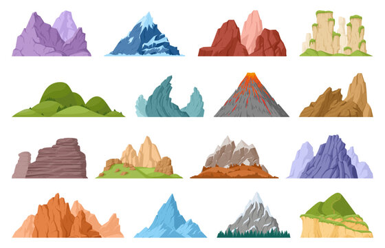 Cartoon mountain peak, green hills and glacier mountain. Nature landscape mountain peaks, hill top and iceberg flat vector illustration set. Outdoor hiking rock collection