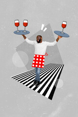 Vertical composite collage of positive guy hands hold two tray wine isolated on painted creative background - obrazy, fototapety, plakaty